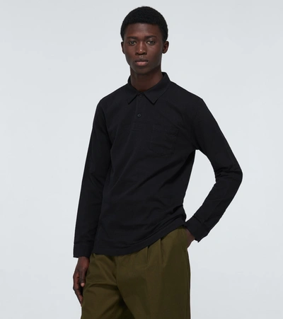 Shop Sunspel Riviera Long-sleeved Polo Shirt In Black