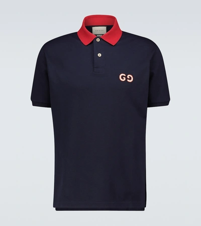 Shop Gucci Stretch-cotton Piqué Polo Shirt In Blue