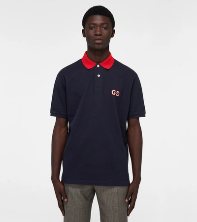 Shop Gucci Stretch-cotton Piqué Polo Shirt In Blue