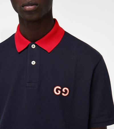 Shop Gucci Stretch-cotton Piqué Polo Shirt In Blue