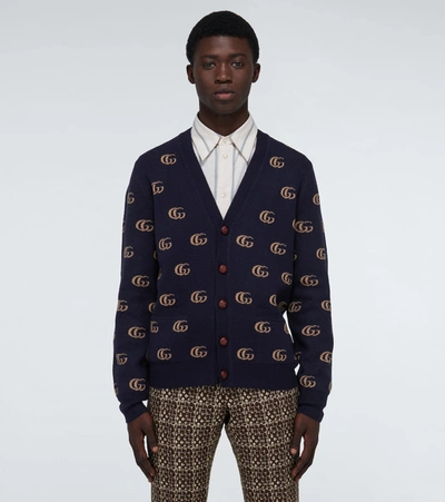 Shop Gucci Double G Jacquard Wool Cardigan In Blue