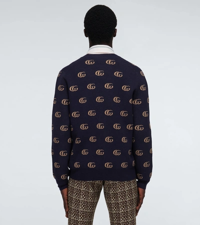 Shop Gucci Double G Jacquard Wool Cardigan In Blue