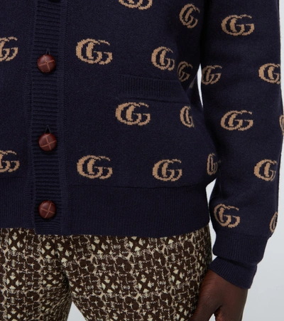 Shop Gucci Double G Jacquard Wool Cardigan In Blue