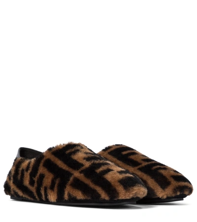 Shop Fendi Ff Shearling Slippers In Brown