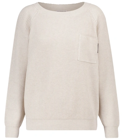 Shop Brunello Cucinelli Ribbed-knit Cotton Sweater In Beige