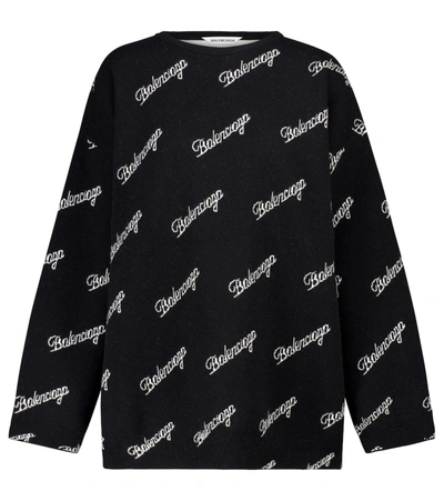 Shop Balenciaga Logo Stretch-wool Intarsia Sweater In Black
