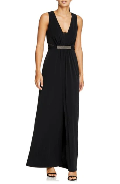 Shop Halston Heritage Jewel Waist Crepe Gown In Black