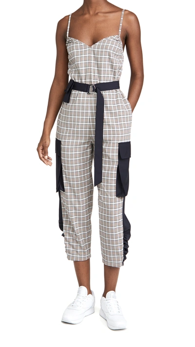 Shop Tibi Sana Check Jumpsuit With Removable Pocket Belt In Blue Check Multi