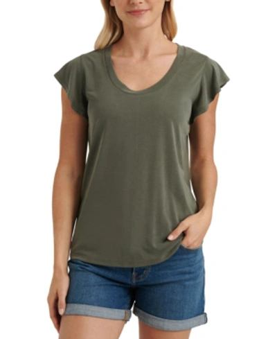 Shop Lucky Brand Ruffle-sleeve T-shirt In Olive