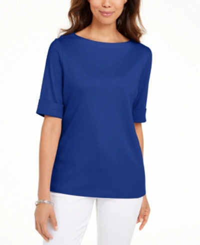 Shop Karen Scott Boat-neck Elbow-sleeve Top, Created For Macy's In Ultra Blue