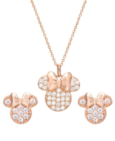 Shop Disney Children's 2-pc. Set Cubic Zirconia Pave Minnie Mouse Pendant Necklace & Matching Stud Earrings In 1 In Rose Gold Over Silver
