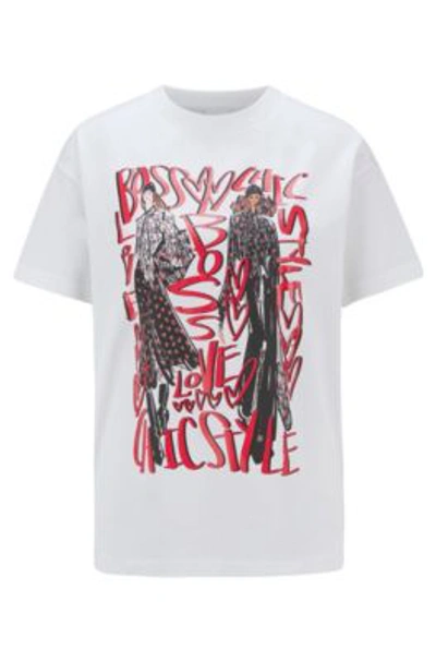 Shop Hugo Boss - Crew Neck T Shirt In Mercerized Cotton With Collection Artwork - White