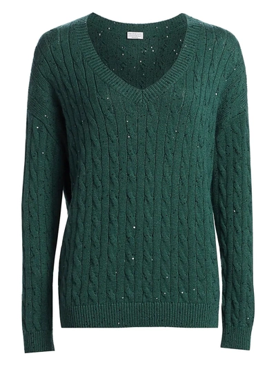 Shop Brunello Cucinelli Women's Cashmere & Silk Paillette Cable Knit Sweater In Ivy
