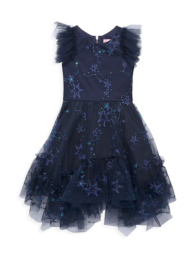 Shop Zoe Girl's Star Embroidered Tulle Ruffle Dress In Navy