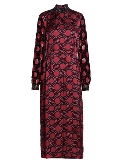 Shop Dries Van Noten Geometric-print Embellished-cuff Midi Dress In Fuchsia