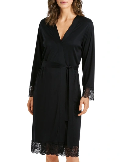 Shop Hanro Women's Wanda Lace-trim Robe In Black