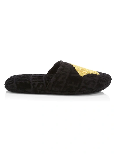 Shop Versace Men's Logomania Embroidered Slippers In Black