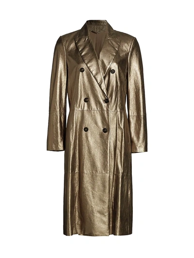 Shop Brunello Cucinelli Metallic Leather Double-breasted Overcoat In Gold