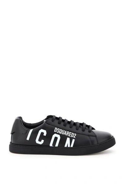 Shop Dsquared2 Icon Logo New Tennis Leather Sneakers In Nero Bianco