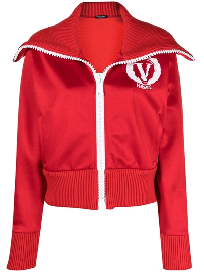 Shop Versace Foldover Neck Track Jacket In Red