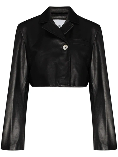 Shop Ganni Cropped Leather Jacket In Black