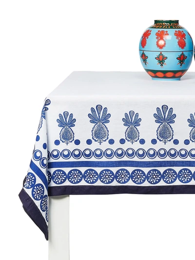 La Doublej Big Pineapple Blue Linen Tablecloth In White