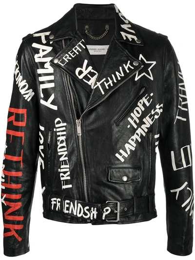 Shop Golden Goose Word-print Leather Biker Jacket In Black