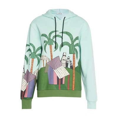 Shop Loewe Easter Island Print Hoodie In Blue Green Tan