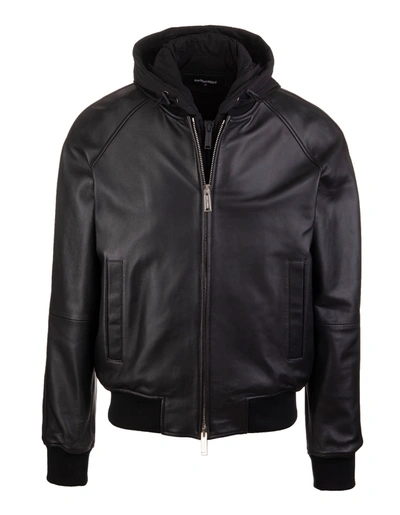 Shop Dsquared2 Double Layer Man Bomber Jacket Black Leather And Cotton