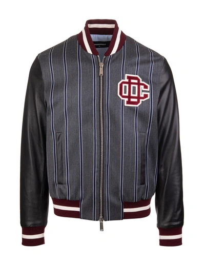 Shop Dsquared2 Grey And Black Man Dc Bomber Jacket With Stripe Pattern
