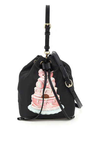 Shop Moschino Mini Bucket With Cake Teddy Bear Print In Nero (black)