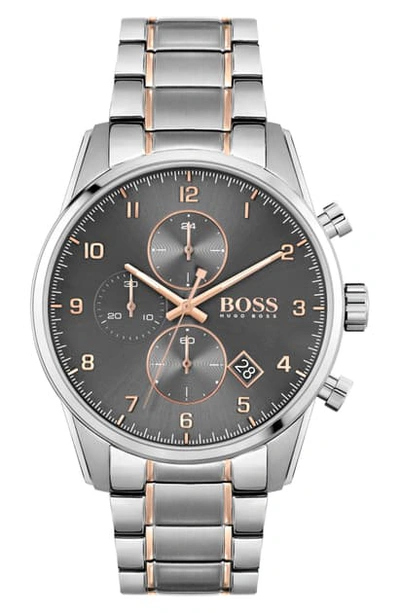 Shop Hugo Boss Skymaster Chronograph Bracelet Watch, 44mm In Silver/ Carnation/ Grey