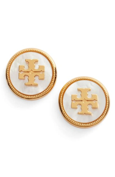 Shop Tory Burch Semiprecious Stone Stud Earrings In Mother Of Pearl / Vi