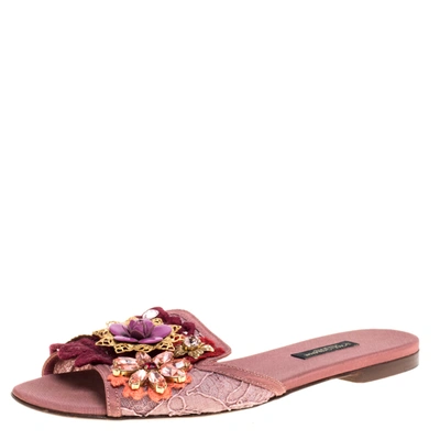 Pre-owned Dolce & Gabbana Blush Pink Lace And Leather Trim Sofia Crystal Embellished Slide Flats Size 36
