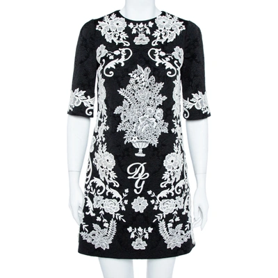 Pre-owned Dolce & Gabbana Black Jacquard Contrast Floral Lace Shift Dress S