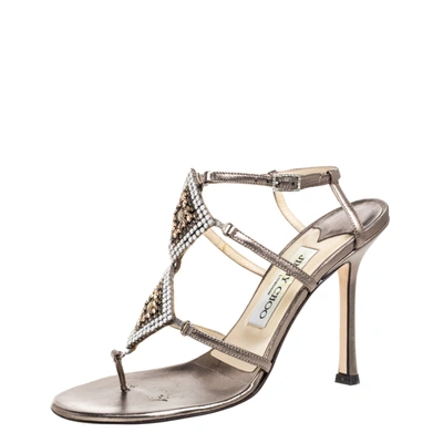 Pre-owned Jimmy Choo Metallic Bronze Leather Meira Crystal Embellished Sandals Size 37