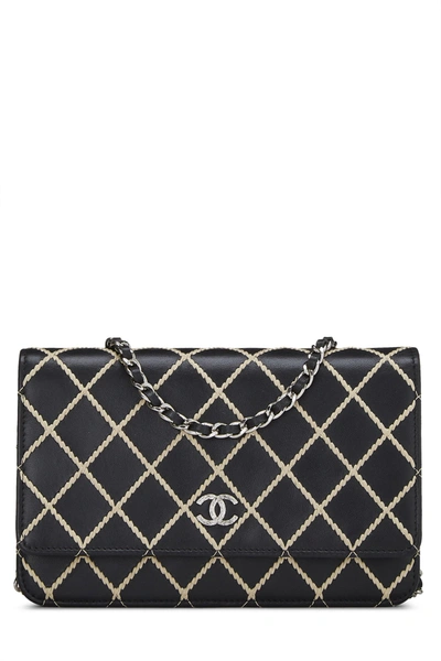 Pre-owned Chanel Black Lambskin Wild Stitch Wallet On Chain (woc)