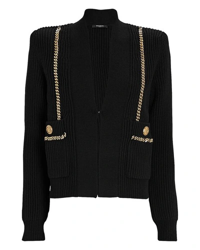 Shop Balmain Collarless Chain-trimmed Cardigan In Black