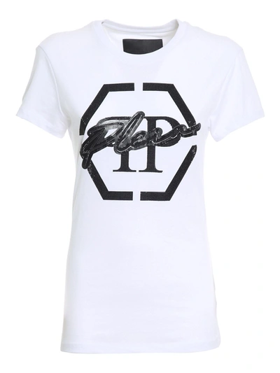 Shop Philipp Plein Rhinestone Cotton T-shirt In White