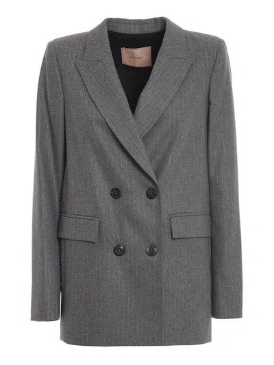 Shop Twinset Pinstripe Wool Blend Blazer In Grey