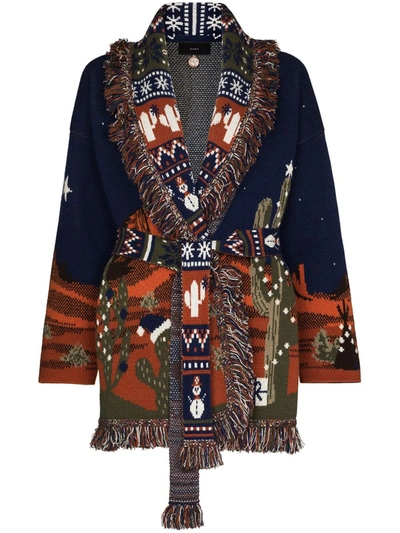 Shop Alanui Western Landscape Fringed Cardigan In Blue