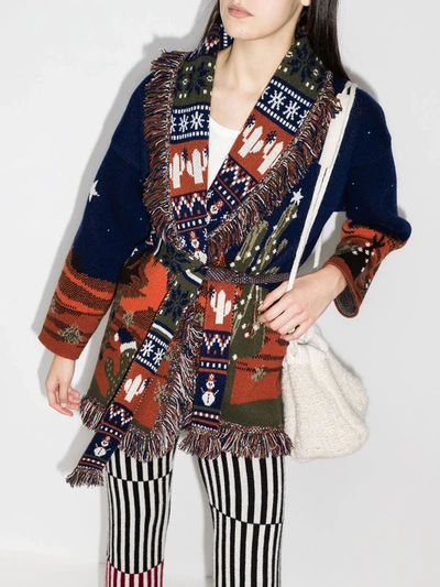 Shop Alanui Western Landscape Fringed Cardigan In Blue