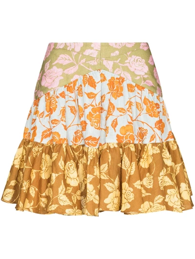 Shop Zimmermann Lovestruck Rose-print Tiered Mini Skirt In Pink