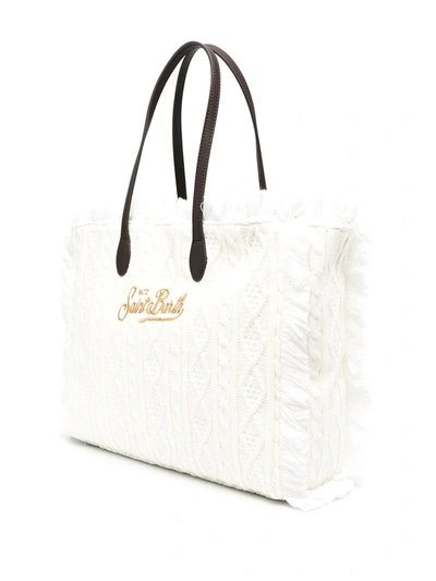 Shop Mc2 Saint Barth Cable-knit Fringed Tote Bag In White