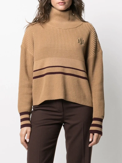 Shop Tommy Hilfiger Intarsia-logo Ribbed Knit Jumper In Brown