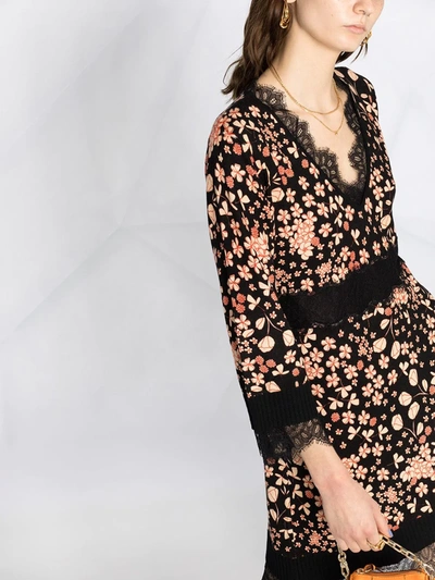 Shop Twinset Floral-print Lace-trim Dress In Black
