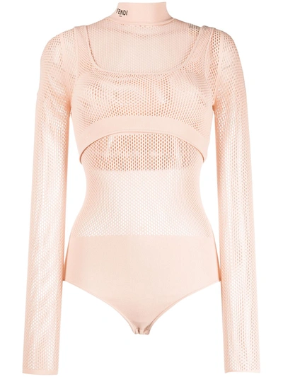 Shop Fendi Layered-effect Mesh Bodysuit In Pink