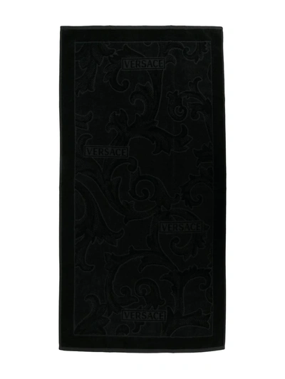 Shop Versace Home Embroidered Logo Bath Towel In Black