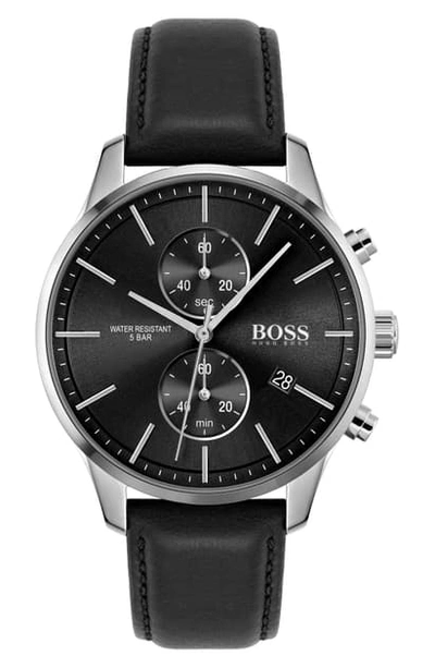 Shop Hugo Boss Associate Chronograph Leather Strap Watch, 43mm In Black/ Silver