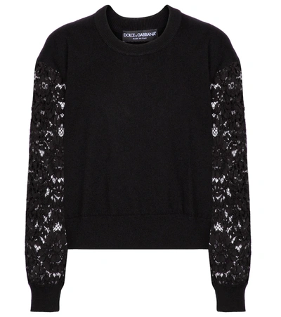Shop Dolce & Gabbana Lace, Cashmere And Cotton Sweater In Black